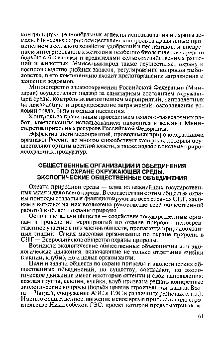 Министерство здравоохранения Российской Федерации (Минздрав) осуществляет надзор за санитарным состоянием окружающей среды, контроль за выполнением мероприятий, направленных на ликвидацию и предупреждение загрязнений, оздоровление условий труда, быта и отдыха населения.