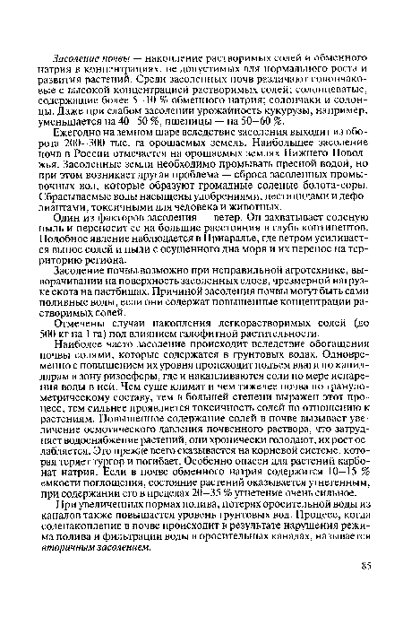 Один из факторов засоления — ветер. Он захватывает соленую пыль и переносит ее на большие расстояния в глубь континентов. Подобное явление наблюдается в Приаралье, где ветром усиливается вынос солей и пыли с осушенного дна моря и их перенос на территорию региона.