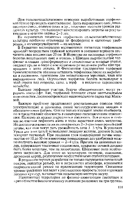 На осушенных низинных торфяниках сельскохозяйственные культуры особенно отзывчивы на фосфорные и калийные удобрения, а из микроудобрений — на медные.