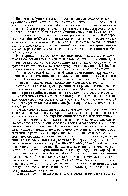 Фториды и арсениды, содержащиеся в промышленных выбросах, вызывают высокую смертность пчел. Мышьяковые отравления — причина образования язв на теле крупного рогатого скота.