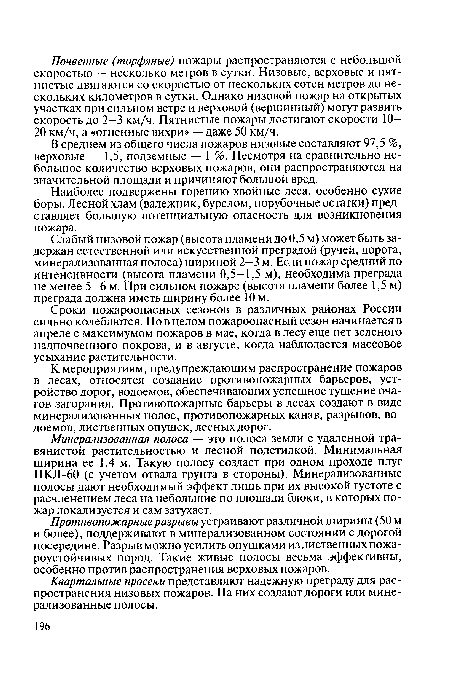 В среднем из общего числа пожаров низовые составляют 97,5 %, верховые — 1,5, подземные — 1 %. Несмотря на сравнительно небольшое количество верховых пожаров, они распространяются на значительной площади и причиняют большой вред.