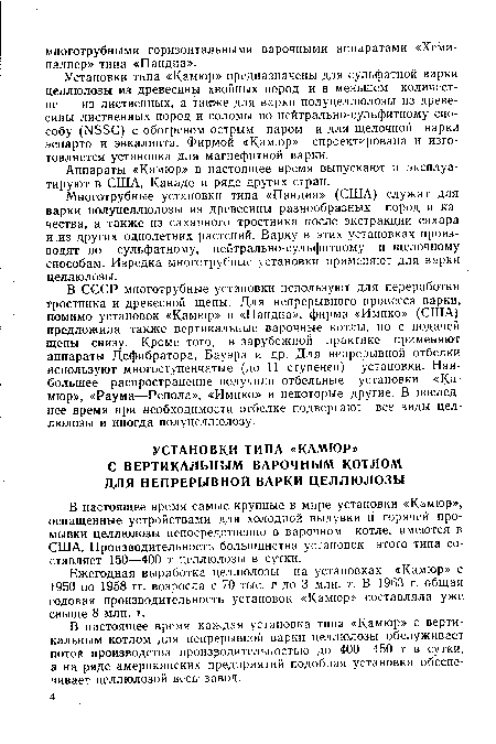 В настоящее время каждая установка типа «Камюр» с вертикальным котлом для непрерывной варки целлюлозы обслуживает потой производства производительностью до 400—450 т в сутки, а на ряде американских предприятий подобная установка обеспечивает целлюлозой весь завод.