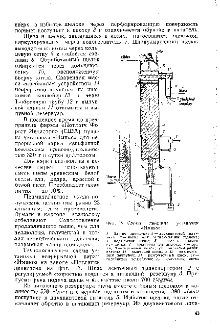 Технологическая схема установки непрерывной варки «Импко» на заводе «Потлатч» приведена на фиг. 13. Щепа ленточным транспортером 2 с регулируемой скоростью подается в питающий резервуар 3. Предусмотрена подача щепы в количестве около 700 т/сутки.