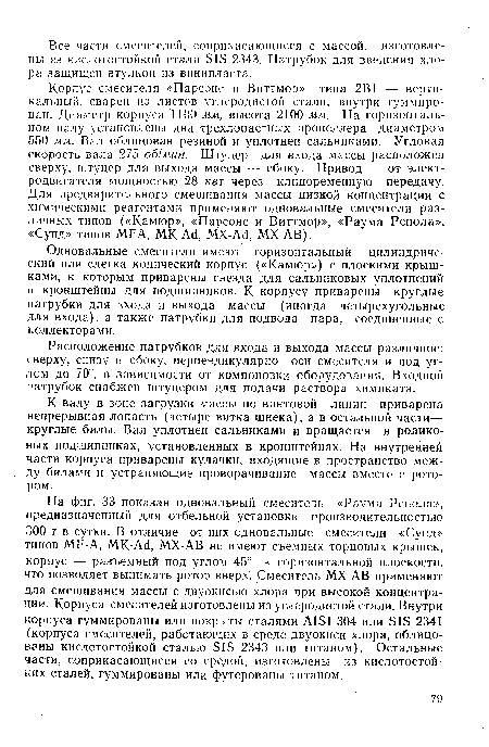 К валу в зоне загрузки массы по винтовой линии приварена непрерывная лопасть (четыре витка шнека), а в остальной части— круглые билы. Вал уплотнен сальниками и вращается в роликовых подшипниках, установленных в кронштейнах. На внутренней части корпуса приварены кулачки, входящие в пространство между билами и устраняющие проворачивание массы вместе с ротором.