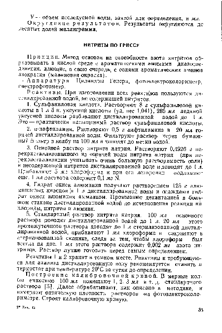 Принцип. Метод оснфан на способности азота нитритов образовывать в кислой среде с ароматическими аминами диазосое-динения, дающие, в свою очередь, с солями ароматических аминов азокраски (малиновая окраска).