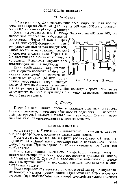 После выпаривания внешнюю поверхность чашки моют и тщательно вытирают и после этого переносят в сушильный шкаф, нагретый до 105° С. Сушат 3 ч, охлаждают и взвешивают. Вычитают вес пустой чашки и выражают вес плотного остатка в миллиграммах на литр.