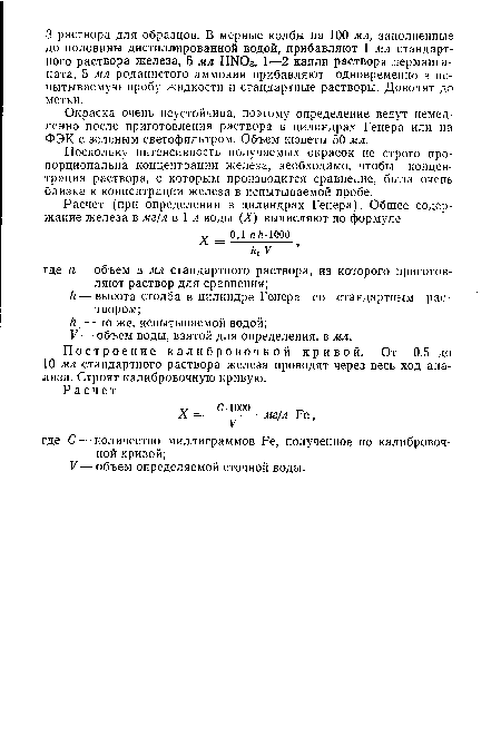 Поскольку интенсивность получаемых окрасок не строго пропорциональна концентрации железа, необходимо, чтобы концентрация раствора, с которым производится сравнение, была очень близка к концентрации железа в испытываемой пробе.