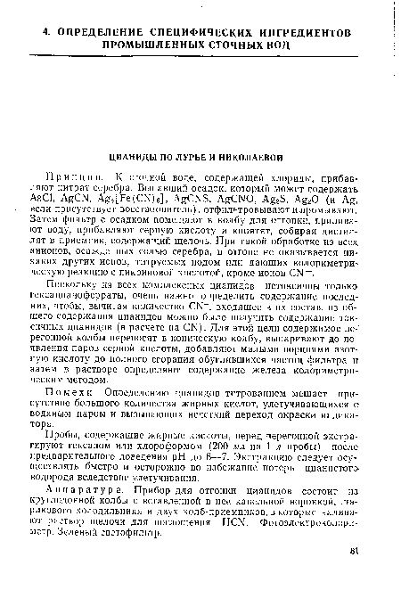 Аппаратура. Прибор для отгонки цианидов состоит из круглодонной колбы с вставленной в нее капельной воронкой, шарикового холодильника и двух колб-приемников, в которые наливают раствор щелочи для поглощения HCN. Фотоэлектроколориметр. Зеленый светофильтр.