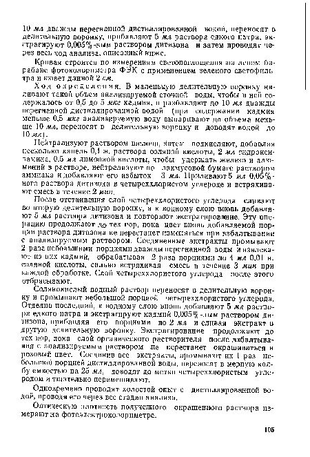 Нейтрализуют раствором щелочи, затем подкисляют, добавляя несколько капель 0,1 н. раствора соляной кислоты, 2 мл гадрокси-ламина, 0,5 мл лиманной кислоты, чтобы удержать железо и алюминий в растворе, нейтрализуют по лакмусовой бумаге раствором аммиака и добавляют его избыток—3 мл. Приливают 5 мл 0,05%-вого раствора дитизона в четыреххлористом углероде и встряхивают смесь в течение 2 мин.