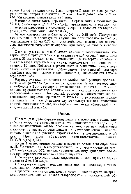 В условиях прописи можно определить никель при его содержании от 5 до 100 мкг/л.