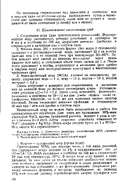 Неочищенный агар не может быть использован в работе без предварительной обработки. Для этого его промывают 10%-ным раствором №С1, причем промывной раствор меняют 4 раза в сутки в течение 2—3 дней. Затем агаровые пластинки отмывают от КгаС1 (реакция с АдЫ03). Этого агара следует брать на 1 л МПА— 90 г, вместо 15 г первосортного.