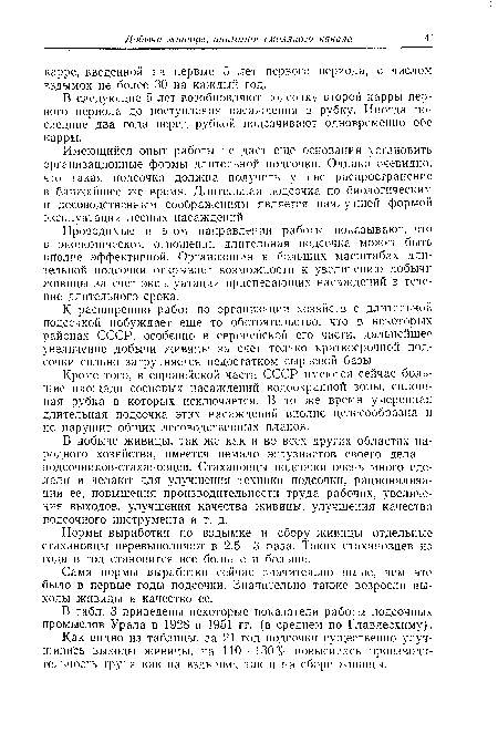 Имеющийся опыт работы не дает еще основания установить организационные формы длительной подсочки. Однако очевидно, что такая подсочка должна получить у нас распространение в ближайшее же время. Длительная подсочка по биологическим и лесоводственным соображениям является наилучшей формой эксплуатации лесных насаждений.