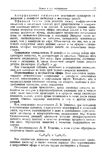 Как показывают исследования Д. В. Тищенко, при окислении в естественных условиях, в присутствии атмосферной и почвенной влаги, терпенов, содержащихся в пнях и являющихся переносчиками кислорода и микроорганизмов, вызывающих ход многих биохимических реакций, протекают реакции дегидратирования (отнятие воды); поэтому в качестве конечных продуктов окисления здесь образуются вещества с меньшим содержанием водорода.