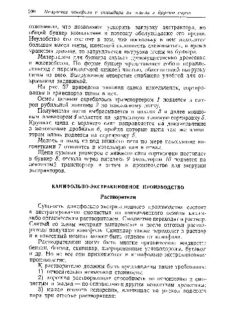 Сущность канифольно-экстракционного производства состоит в экстрагировании смолистых из измельченного осмола каким-либо органическим растворителем. Смолистые переходят в раствор. Слитый со щепы экстракт выпаривают и после отгонки растворителя получают канифоль. Скипидар также переходит в раствор и в известный момент может быть отделен от канифоли.