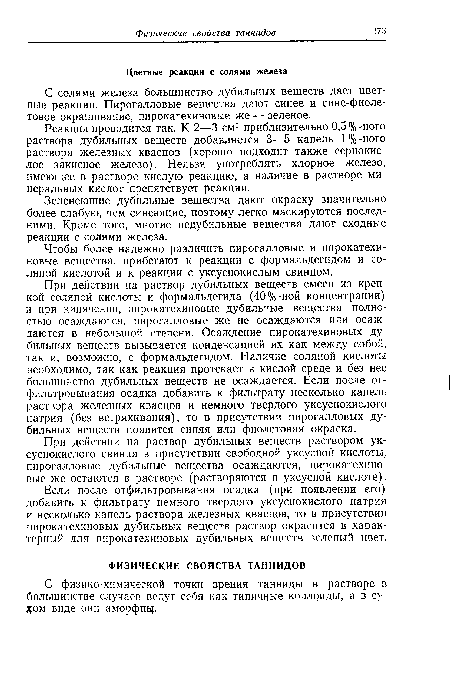 С солями железа большинство дубильных веществ дает цветные реакции. Пирогалловые вещества дают синее и сине-фиолетовое окрашивание, пирокатехиновые же — зеленое.