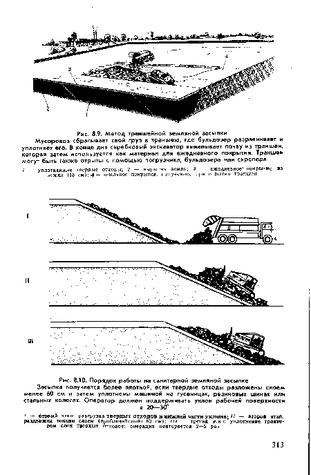 Порядок работы на санитарной земляной засыпке Засыпка получается более плотной, если твердые отходы разложены слоем менее 60 см и затем уплотнены машиной на гусеницах, резиновых шинах или стальных колесах. Оператор должен поддерживать уклон рабочей поверхности