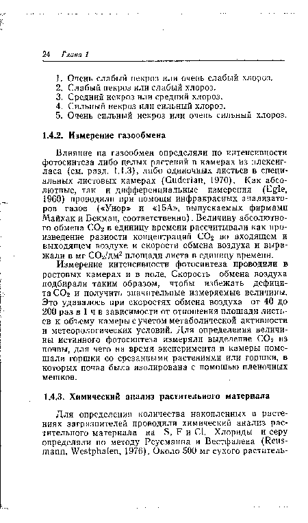 Измерение интенсивности фотосинтеза проводили в ростовых камерах и в поле. Скорость обмена воздуха подбирали таким образом, чтобы избежать дефицита СОг и получить значительные измеряемые величины. Это удавалось при скоростях обмена воздуха от 40 до 200 раз в 1 ч в зависимости от отношения площади листьев к объему камеры с учетом метаболической активности и метеорологических условий. Для определения величины истинного фотосинтеза измеряли выделение СОг из почвы, для чего на время эксперимента в камеры помещали горшки со срезанными растениями или горшки, в которых почва была изолирована с помощью пленочных мешков.