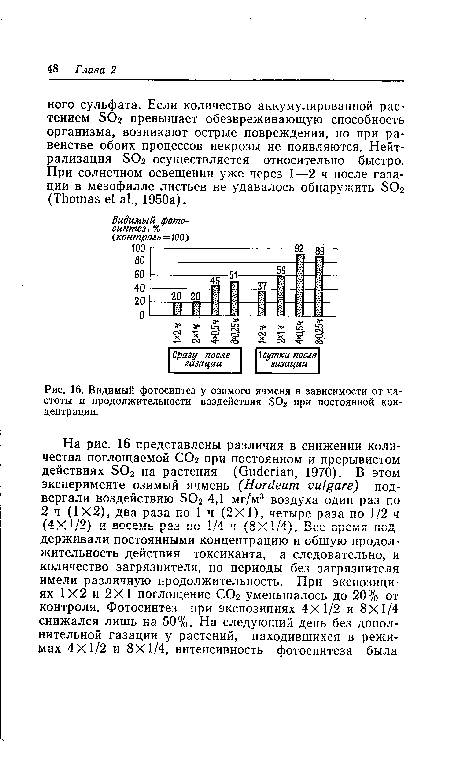 Видимый фотосинтез у озимого ячменя в зависимости от частоты и продолжительности воздействия S02 при постоянной концентрации.