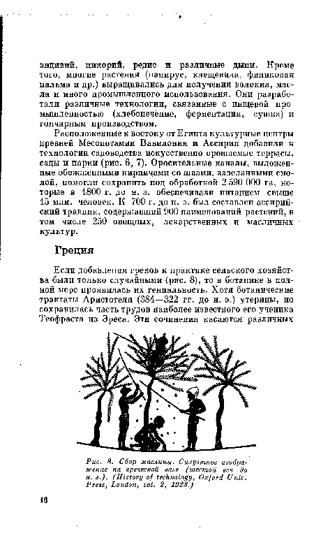 Расположенные к востоку от Египта культурные центры древней Месопотамии Вавилония и Ассирия добавили к технологии садоводства искусственно орошаемые террасы, сады и парки (рис. 6, 7). Оросительные каналы, выложенные обожженными кирпичами со швами, заделанными смолой, помогли сохранить под обработкой 2 590 ООО га, которые в 1800 г. до н. э. обеспечивали питанием свыше 15 млн. человек. К 700 г. до н. э. был составлен ассирийский травник, содержавший 900 наименований растений, в том числе 250 овощных, лекарственных и масличных культур.