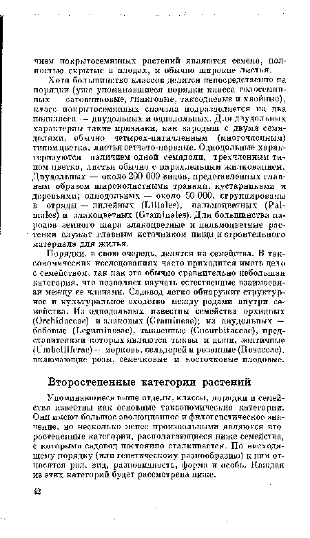 Упоминавшиеся выше отделы, классы, порядки и семейства известны как основные таксономические категории. Они имеют большое эволюционное и филогенетическое значение, но несколько менее произвольными являются второстепенные категории, располагающиеся ниже семейства, с которыми садовод постоянно сталкивается. По нисходящему порядку (или генетическому разнообразию) к ним относятся род, вид, разновидность, форма и особь. Каждая из этих категорий будет рассмотрена ниже.