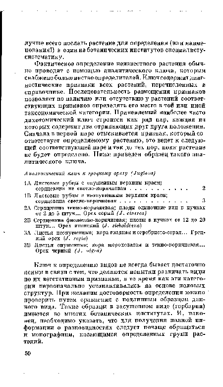 Ключ к определению видов не всегда бывает достаточно ясным в связи с тем, что делаются попытки различать виды по их вегетативным признакам, в то время как эти категории первоначально устанавливались на основе половых структур. При желании достоверность определения можно проверить путем сравнения с подлинным образцом данного вида. Такие образцы в засушенном виде (гербарии) имеются во многих ботанических институтах. И, наконец, необходимо указать, что для получения полной информации о разновидностях следует почаще обращаться к монографиям, касающимся определенных групп растений.