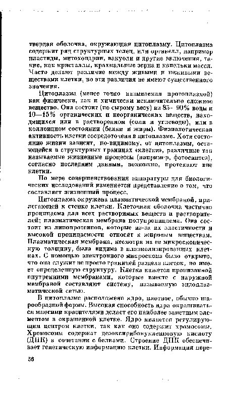 Цитоплазма окружена плазматической мембраной, прилегающей к стенке клетки. Клеточная оболочка частично проницаема для всех растворимых веществ и растворителей; плазматическая мембрана полупроницаема. Она состоит из липопротеинов, которые из-за их эластичности и высокой проницаемости относят к жировым веществам. Плазматическая мембрана, несмотря на ее микроскопическую толщину, была видима в плазмолизированных клетках. С помощью электронного микроскопа было открыто, что она служит не просто границей раздела клеток, но имеет определенную структуру. Клетка кажется пронизанной внутренними мембранами, которые вместе с наружной мембраной составляют систему, называемую эндоплаз-матияеской сетью.