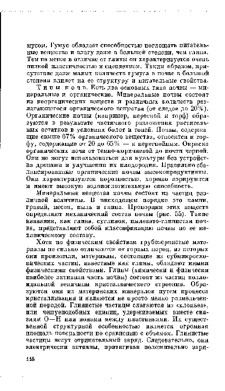 Минеральные вещества почвы состоят из частиц различной величины. В нисходящем порядке это камни, гравий, песок, пыль и глина. Пропорции этих веществ определяют механический состав почвы (рис. 55). Такие названия, как глина, суглинок, пылевато-глинистая почва, представляют собой классификацию почвы по ее механическому составу.