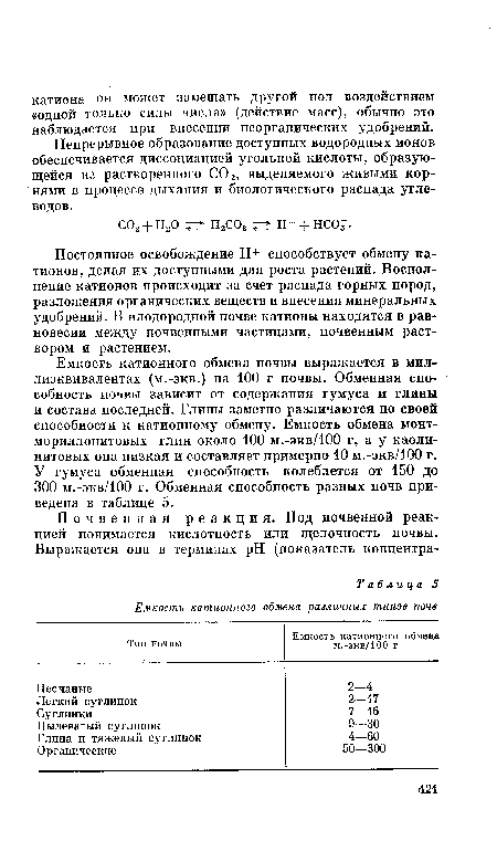 Непрерывное образование доступных водородных ионов обеспечивается диссоциацией угольной кислоты, образующейся из растворенного С02, выделяемого живыми корнями в процессе дыхания и биологического распада углеводов.