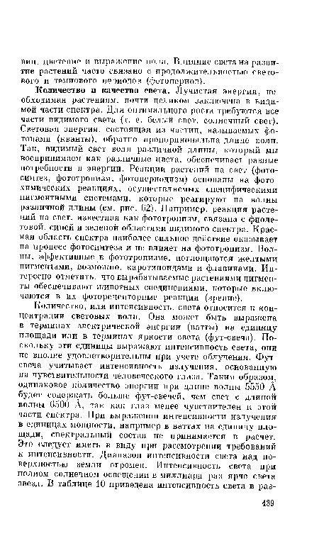 Количество и качество света. Лучистая энергия, необходимая растениям, почти целиком заключена в видимой части спектра. Для оптимального роста требуются все части видимого света (т. е. белый свет, солнечный свет). Световая энергия, состоящая из частиц, называемых фотонами (кванты), обратно пропорциональна длине волн. Так, видимый свет волн различной длины, который мы воспринимаем как различные цвета, обеспечивает разные потребности в энергии. Реакции растений на свет (фотосинтез, фототропизм, фотопериодизм) основаны на фотохимических реакциях, осуществляемых специфическими пигментными системами, которые реагируют на волны различной длины (см. рис. 02). Например, реакция растений на свет, известная как фототропизм, связана с фиолетовой, синей и зеленой областями видимого спектра. Красная область спектра наиболее сильное действие оказывает на процесс фотосинтеза и не влияет на фототропизм. Волны, эффективные в фототропизме, поглощаются желтыми пигментами, возможно, каротиноидами и флавинами. Интересно отметить, что вырабатываемые растениями пигменты обеспечивают животных соединениями, которые включаются в их фоторецепторные реакции (зрение).