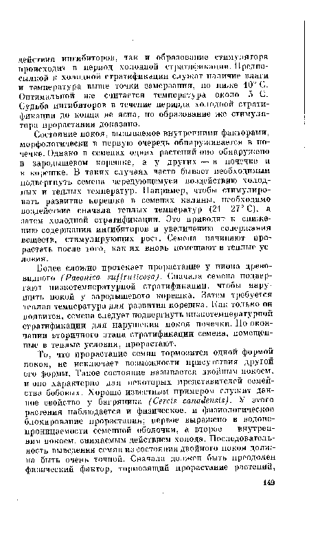 Состояние покоя, вызываемое внутренними факторами, морфологически в первую очередь обнаруживается в почечке. Однако в семенах одних растений оно обнаружено в зародышевом корешке, а у других — в почечке и в корешке. В таких случаях часто бывает необходимым подвергнуть семена чередующемуся воздействию холодных и теплых температур. Например, чтобы стимулировать развитие корешка в семенах калины, необходимо воздействие сначала теплых температур (21—27° С), а затем холодной стратификации. Это приводит к снижению содержания ингибиторов и увеличению содержания веществ, стимулирующих рост. Семена начинают прорастать после того, как их вновь помещают в теплые условия.