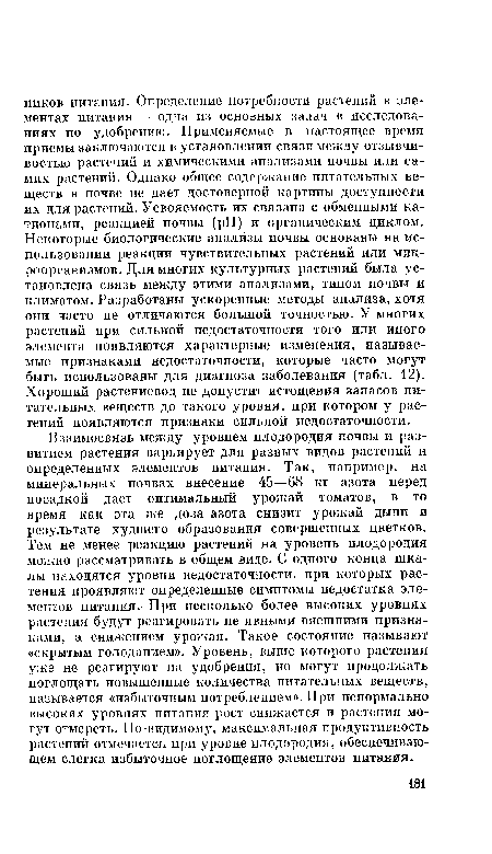 Взаимосвязь между уровнем плодородия почвы и развитием растения варьирует для разных видов растений и определенных элементов питания. Так, например, на минеральных почвах внесение 45—68 кг азота перед посадкой дает оптимальный урожай томатов, в то время как эта же доза азота снизит урожай дыни в результате худшего образования совершенных цветков. Тем не менее реакцию растений на уровень плодородия можно рассматривать в общем виде. С одного конца шкалы находятся уровни недостаточности, при которых растения проявляют определенные симптомы недостатка элементов питания. При несколько более высоких уровнях растения будут реагировать не явными внешними признаками, а снижением урожая. Такое состояние называют «скрытым голоданием». Уровень, выше которого растения уже не реагируют на удобрения, но могут продолжать поглощать повышенные количества питательных веществ, называется «избыточным потреблением». При ненормально высоких уровнях питания рост снижается и растения могут отмереть. По-видимому, максимальная продуктивность растений отмечается при уровне плодородия, обеспечивающем слегка избыточное поглощение элементов питания.