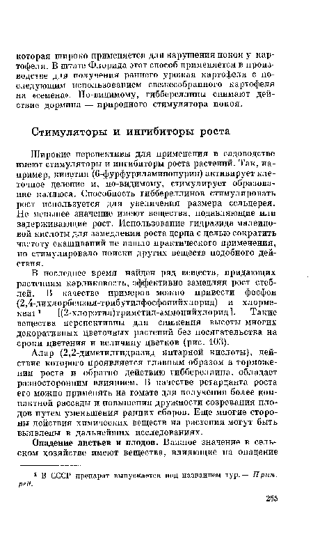 Алар (2,2-диметилгидразид янтарной кислоты), действие которого проявляется главным образом в торможении роста и обратно действию гиббереллина, обладает разносторонним влиянием. В качестве ретарданта роста его можно применять на томате для получения более компактной рассады и повышения дружности созревания плодов путем уменьшения ранних сборов. Еще многие стороны действия химических веществ на растения могут быть выявлены в дальнейших исследованиях.