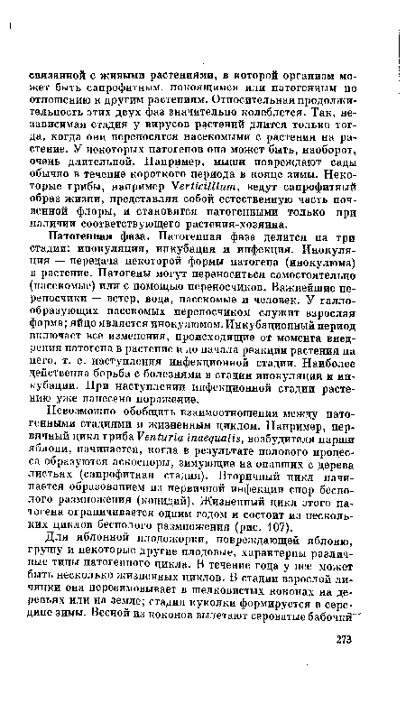 Патогенная фаза. Патогенная фаза делится на три стадии: инокуляция, инкубация и инфекция. Инокуляция — передача некоторой формы патогена (инокулюма) в растение. Патогены могут переноситься самостоятельно (насекомые) или с помощью переносчиков. Важнейшие переносчики — ветер, вода, насекомые и человек. У галлообразующих насекомых переносчиком служит взрослая форма; яйцо является инокулюмом. Инкубационный период включает все изменения, происходящие от момента внедрения патогена в растение и до начала реакции растения на него, т. е. наступления инфекционной стадии. Наиболее действенна борьба с болезнями в стадии инокуляции и инкубации. При наступлении инфекционной стадии растению уже нанесено поражение.