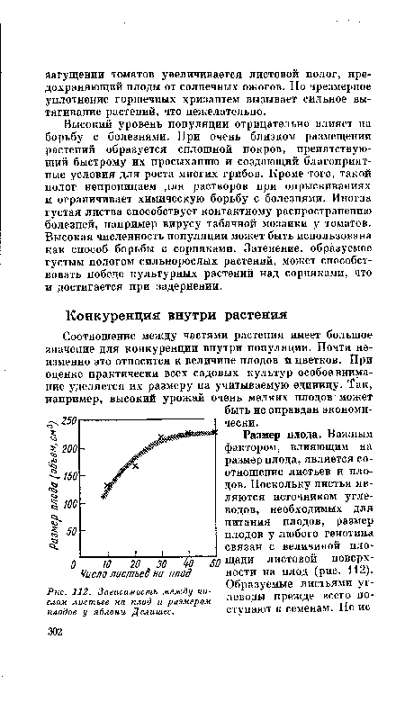 Размер плода. Важным фактором, влияющим на размер плода, является соотношение листьев и плодов. Поскольку листья являются источником углеводов, необходимых для питания плодов, размер плодов у любого генотипа связан с величиной пло- 5Q щади листовой поверхности на плод (рис. 112).