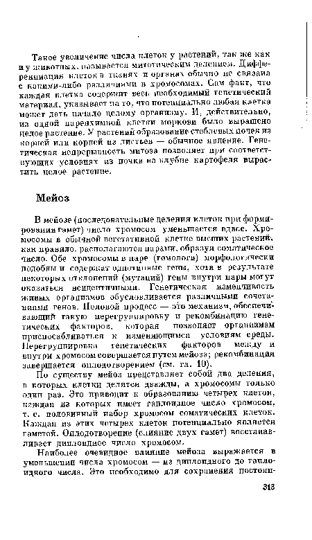 В мейозе (последовательные деления клеток при формировании гамет) число хромосом уменьшается вдвое. Хромосомы в обычной вегетативной клетке высших растений, как правило, располагаются парами, образуя соматическое число. Обе хромосомы в паре (гомологи) морфологически подобны и содержат однотипные гены, хотя в результате некоторых отклонений (мутаций) гены внутри пары могут оказаться неидентичными. Генетическая изменчивость живых организмов обусловливается различными сочетаниями генов. Половой процесс — э о механизм, обеспечивающий такую перегруппировку и рекомбинацию генетических факторов, которая позволяет организмам приспосабливаться к изменяющимся условиям среды. Перегруппировка генетических факторов между и внутри хромосом совершается путем мейоза; рекомбинация завершается оплодотворением (см. гл. 10).