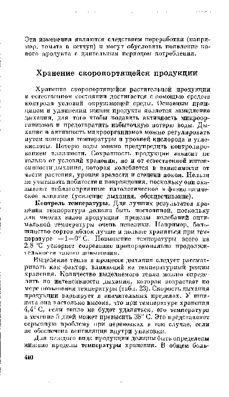 Выделение тепла в процессе дыхания следует рассматривать как фактор, влияющий на температурный режим хранения. Количество выделяемого тепла можно определить по интенсивности дыхания, которая возрастает по мере повышения температуры (табл. 23). Скорость дыхания продукции варьирует в значительных пределах. У шпината она настолько высока, что при температуре хранения 4,4° С, если тепло не будет удаляться, его температура в течение 5 дней может превысить 38° С. Это представляет серьезную проблему при перевозках в том случае, если не обеспечена вентиляция внутри упаковки.