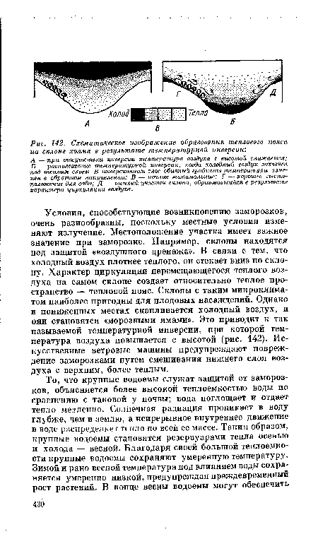 Условия, способствующие возникновению заморозков, очень разнообразны, поскольку местные условия изменяют излучение. Местоположение участка имеет важное значение при заморозке. Например, склоны находятся под защитой «воздушного дренажа». В связи с тем, что холодный воздух плотнее теплого, он стекает вниз по склону. Характер циркуляции перемещающегося теплого воздуха на самом склоне создает относительно теплое пространство — тепловой пояс. Склоны с таким микроклиматом наиболее пригодны для плодовых насаждений. Однако в пониженных местах скапливается холодный воздух, и они становятся «морозными ямами». Это приводит к так называемой температурной инверсии, при которой температура воздуха повышается с высотой (рис. 142). Искусственные ветровые машины предупреждают повреждение заморозками путем смешивания нижнего слоя воздуха с верхним, более теплым.