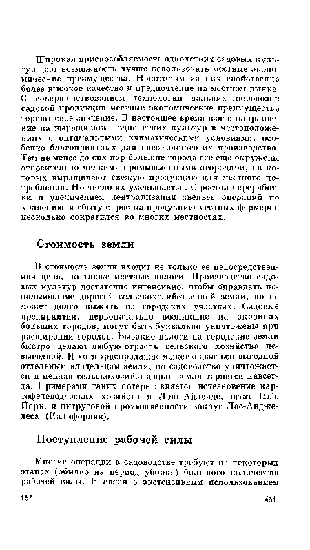 В стоимость земли входит не только ее непосредственная цена, но также местные налоги. Производство садовых культур достаточно интенсивно, чтобы оправдать использование дорогой сельскохозяйственной земли, но не может долго выжить на городских участках. Садовые предприятия, первоначально возникшие на окраинах больших городов, могут быть буквально уничтожены при расширении городов. Высокие налоги на городские земли быстро делают любую отрасль сельского хозяйства невыгодной. И хотя «распродажа» может оказаться выгодной отдельным владельцам земли, но садоводство уничтожается и ценная сельскохозяйственная земля теряется навсегда. Примерами таких потерь является исчезновение картофелеводческих хозяйств в Лонг-Айленде, штат Нью Йорк, и цитрусовой промышленности вокруг Лос-Анджелеса (Калифорния).