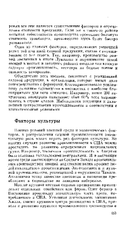 Помимо условий внешней среды и экономических факторов, в распределении садовой промышленности значительную роль может играть ряд факторов культуры. Во многих случаях развитие промышленности в США можно проследить по развитию определенных национальных групп. Например, тепличная промышленность в Америке была основана голландскими имигрантами. И в настоящее время среди занимающихся на Среднем Западе промышленным производством овощей под стеклом велик процент людей голландского происхождения. Это относится и к луковой промышленности, размещенной в окружности Чикаго. Аналогично этому японские цветоводы и овощеводы преобладают в садоводстве на западном побережье.