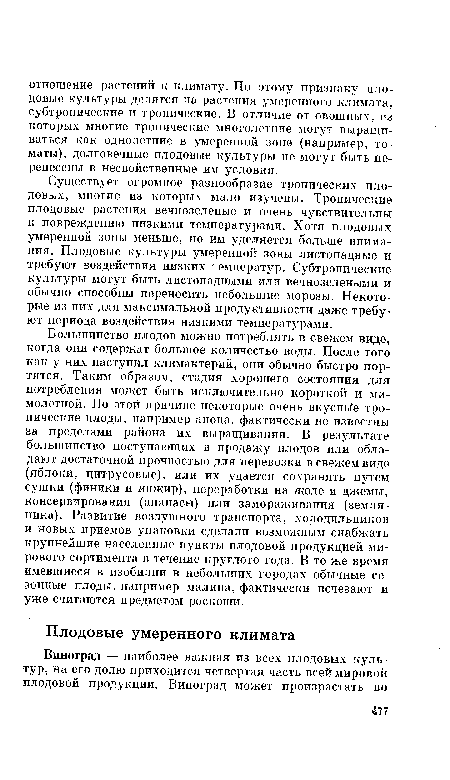 Большинство плодов можно потреблять в свежем виде, когда они содержат большое количество воды. После того как у них наступил климактерий, они обычно быстро портятся. Таким образом, стадия хорошего состояния для потребления может быть исключительно короткой и мимолетной. По этой причине некоторые очень вкуснее тропические плоды, например анона, фактически не известны за пределами района их выращивания. В результате большинство поступающих в продажу плодов или обладают достаточной прочностью для перевозки в свежем виде (яблоки, цитрусовые), или их удается сохранять путем сушки (финики и инжир), переработки на желе и джемы, консервирования (ананасы) или замораживания (земляника). Развитие воздушного транспорта, холодильников и новых приемов упаковки сделали возможным снабжать крупнейшие населенные пункты плодовой продукцией мирового сортимента в течение круглого года. В то же время имевшиеся в изобилии в небольших городах обычные сезонные плоды, например малина, фактически исчезают и уже считаются предметом роскоши.