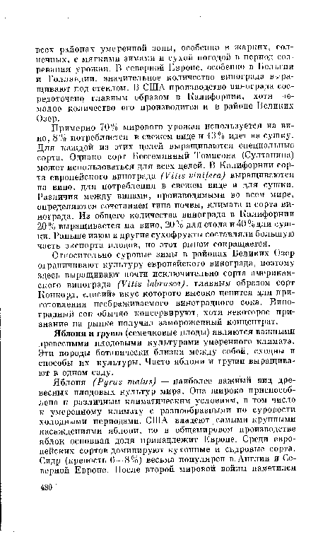 Примерно 70% мирового урожая используется на вино, 8% потребляется в свежем виде и 13% идет на сушку. Для каждой из этих целей выращиваются специальные сорта. Однако сорт Бессемянный Томпсона (Султанина) может использоваться для всех целей. В Калифорнии сорта европейского винограда (Vitis vinifera) выращиваются на вино, для потребления в свежем виде и для сушки. Различия между винами, производимыми во всем мире, определяются сочетанием типа почвы, климата и сорта винограда. Из общего количества винограда в Калифорнии 20% выращивается на вино, 20% для стола и 40% для сушки. Раньше изюм и другие сухофрукты составляли большую часть экспорта плодов, но этот рынок сокращается.