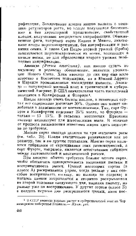 Авокадо (Persea americana), как можно судить по видовому и родовому обозначению, является уроженцем Нового Света. Хотя авокадо до сих пор еще мало известно в Восточном полушарии, но в Южной Африке и Израиле промышленные насаждения имеются. Авокадо — популярный местный плод в тропической и субтропической Америке. В США значительная часть насаждений находится в Калифорнии и Флориде1.