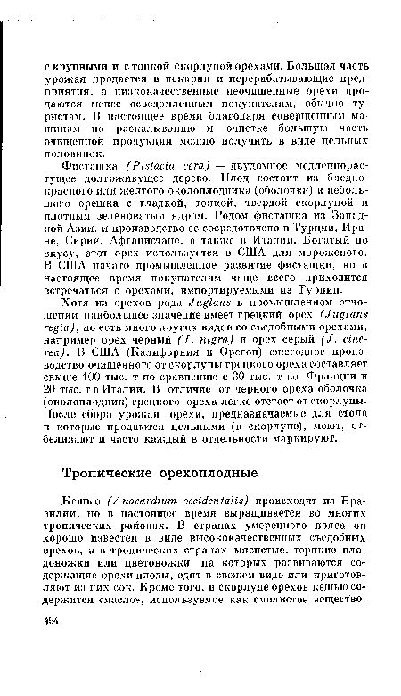 Фисташка (Pistacia vera) — двудомное медленнорастущее долгоживущее дерево. Плод состоит из бледнокрасного или желтого околоплодника (оболочки) и небольшого орешка с гладкой, тонкой, твердой скорлупой и плотным зеленоватым ядром. Родом фисташка из Западной Азии, и производство ее сосредоточено в Турции, Иране, Сирии, Афганистане, а также в Италии. Богатый по вкусу, этот орех используется в США для мороженого. В США начато промышленное развитие фисташки, но в настоящее время покупателям чаще всего приходится встречаться с орехами, импортируемыми из Турции.