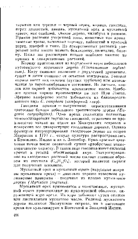 Гвоздика пряная — высушенные нераспустившиеся цветочные бутоны небольшого тропического дерева (Eugenia caryophyllus). Одно время голландцы полностью монополизировали торговлю гвоздикой, ограничив ее производство только на одном из Моллукских островов и искоренив все дикорастущие гвоздичные деревья. Однако французы интродуцировали гвоздичное дерево на остров Маврикия в 1770 г., откуда культура распространилась в Бразилию, Индию и на о. Занзибар. Ярко-красные цветковые почки после солнечной сушки приобретают темно-коричневую окраску. В таком виде гвоздика имеет сильный аромат и резкий обжигающий вкус. Экстрагированное из гвоздичных растений масло состоит главным образом из евгенола (С10Н12О2), который является сырьем для получения ванилина.