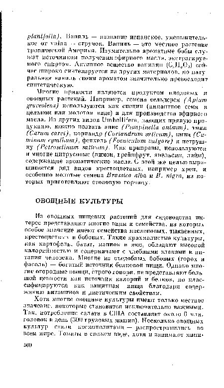 Из овощных пищевых растений для садоводства интерес представляют многие виды и семейства, из которых особое значение имеют семейства пасленовых, тыквенных, крестоцветных и бобовых. Такие крахмалистые культуры, как картофель, батат, маниок и ямс, обладают высокой калорийностью и соперничают с хлебными злаками в питании человека. Многие из съедобных бобовых (горох и фасоль) — богатый источник белковой пищи. Однако многие огородные овощи, строго говоря, не представляют большой ценности как источник калорий и белков, но классифицируются как защитная пища благодаря содержанию витаминов и диетическим свойствам.