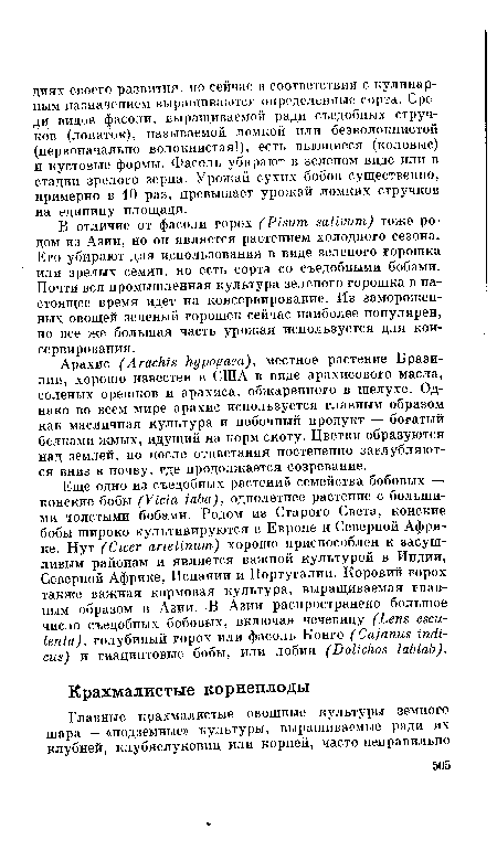 В отличие от фасоли горох (Pisum sativum) тоже родом из Азии, но он является растением холодного сезона. Его убирают для использования в виде зеленого горошка или зрелых семян, но есть сорта со съедобными бобами. Почти вся промышленная культура зеленого горошка в настоящее время идет на консервирование. Из замороженных овощей зеленый горошек сейчас наиболее популярен, но все же большая часть урожая используется для консервирования.