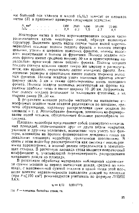 Площадь водосбора представляет собой совокупность отдельных площадей, отличающихся друг от друга видом покрытия, уклоном и другими условиями, вследствие чего учесть все факторы, влияющие на процесс формирования дождевого стока на локальных площадях водосбора, практически невозможно. В связи с этим водосбор рассматривается как система с неизмеряе-мыми параметрами, а водный режим определяется в замыкающих створах. В расчетную площадь стока вводится поправочный коэффициент г], учитывающий неравномерность распределения выпавшего дождя по площади.