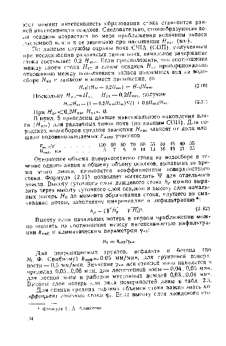 Для непроницаемых грунтов, асфальта и бетона (по М. Ф. Срибному) £„„ф = 0,05 мм/мин, для грунтовой поверхности— 0,5 мм/мин. Значение укл для степной зоны находится в пределах 0,05...0,06 мин, для лесостепной зоны — 0,04...0,05 мин, для лесной зоны и районов муссонных дождей 0,03...0,04 мин. Высоты слоя потерь для ряда поверхностей даны в табл. 2.3.