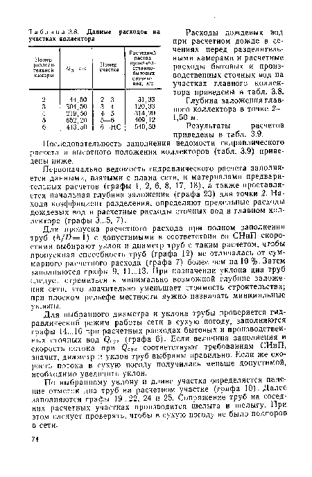 Последовательность заполнения ведомости гидравлического расчета и высотного положения коллекторов (табл. 3.9) приведены ниже.