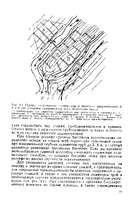 При плоском рельефе границы бассейнов водоотведения определяют исходя из охвата всей территории самотечной сетью при максимальной глубине заложения труб до 5...6 м, а главный коллектор размещают посередине бассейна. Если же признано целесообразным главный коллектор сооружать подземным (тоннельным) способом, то площадь бассейна стока при плоском рельефе во многих случаях не ограничивается.